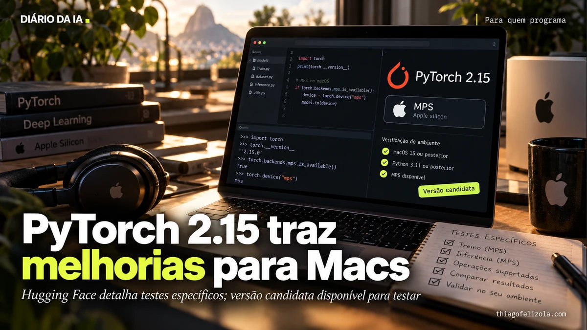 Ilustração de Mac com PyTorch 2.15, MPS, requisitos de ambiente e indicação de versão candidata na tela, junto de checklist de testes.