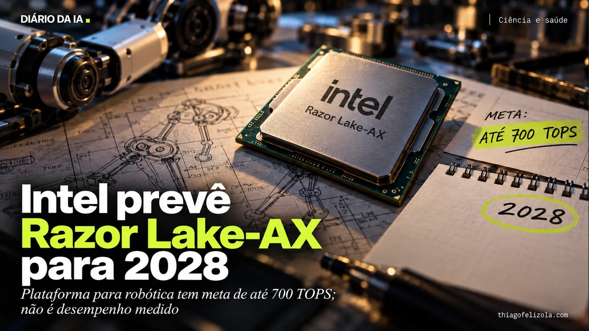 Ilustração conceitual de processador Intel sobre planta de robótica com planejamento 2028 e meta de até 700 TOPS.