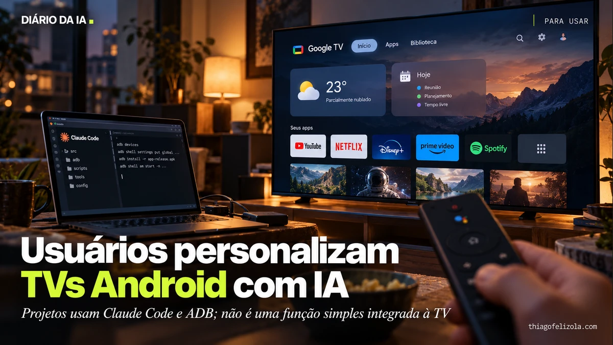 Ilustração de TV Android com tela inicial de clima e calendário, controle remoto e notebook identificado Claude Code.
