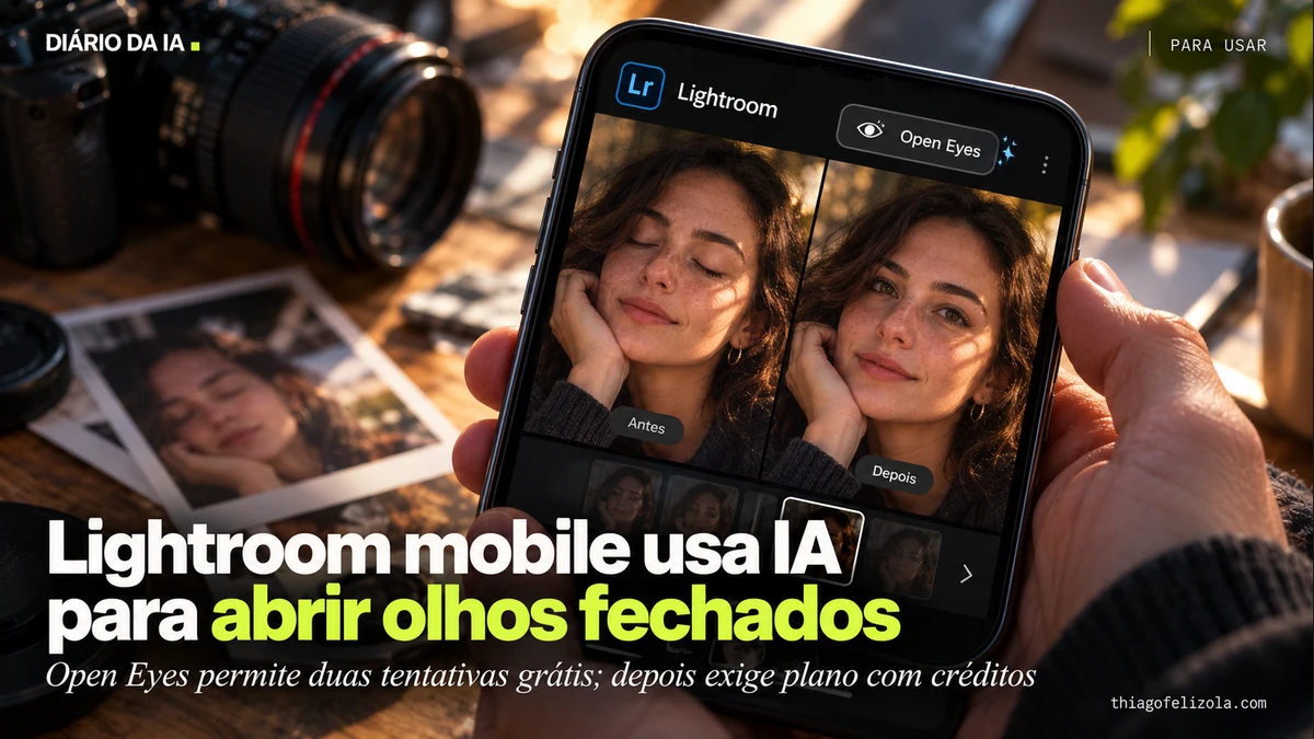 Ilustração de celular com comparação de retrato fictício antes e depois do Open Eyes no Lightroom, com olhos fechados e abertos.