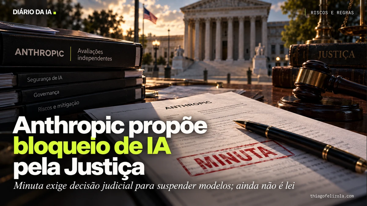 Ilustração de minuta da Anthropic sobre suspensão de modelos de IA, pasta de avaliações e miniatura de tribunal.