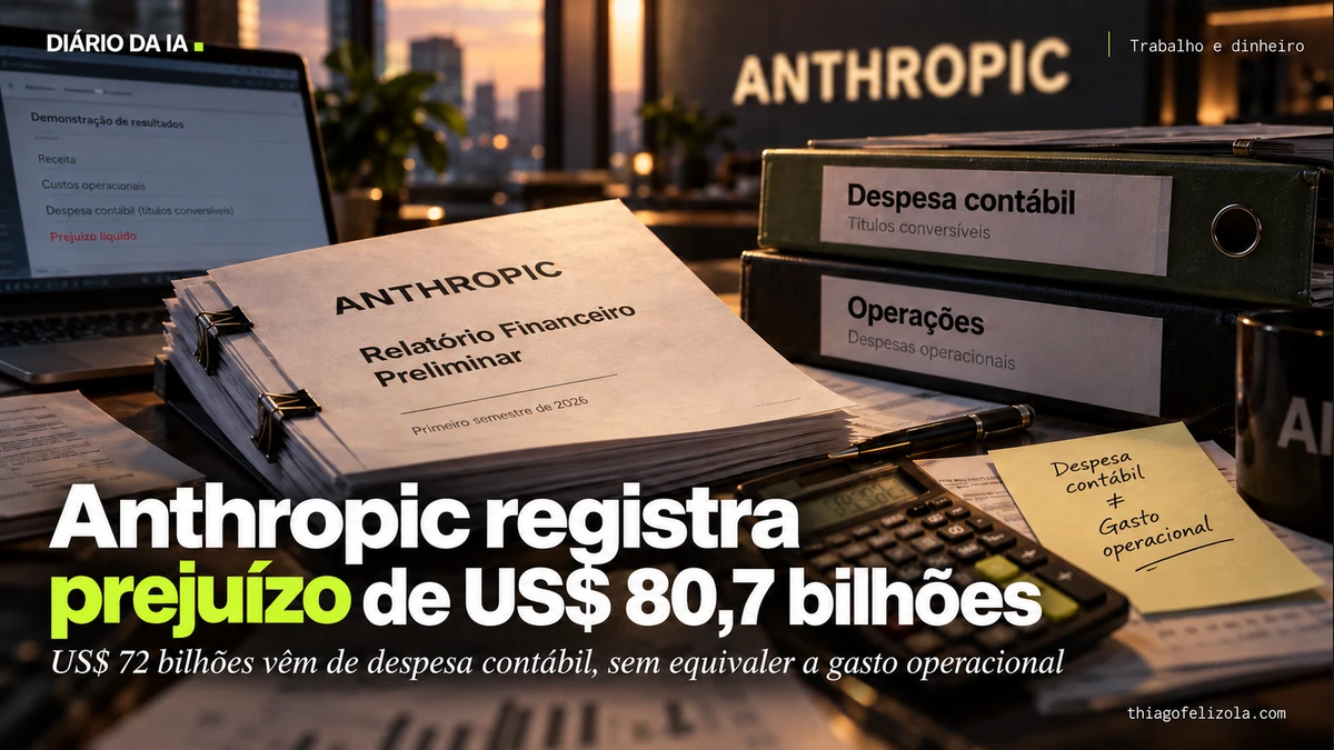 Ilustração de relatório financeiro preliminar da Anthropic com divisórias de despesa contábil e operações e calculadora.