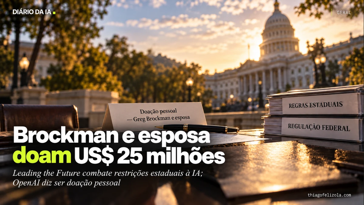 Ilustração de registro de doação pessoal de Brockman e esposa ao Leading the Future com documentos sobre regulação federal e estadual de IA.