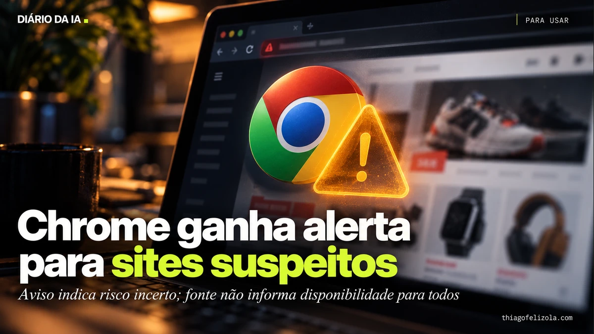 Ilustração de janela do Chrome com triângulo de alerta âmbar sobre uma loja virtual ainda visível, representando risco incerto.