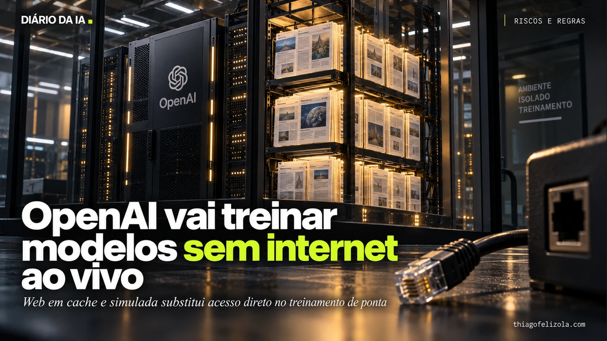 Ilustração de rack da OpenAI em laboratório isolado, ligado a páginas armazenadas, com cabo de rede externo desconectado.