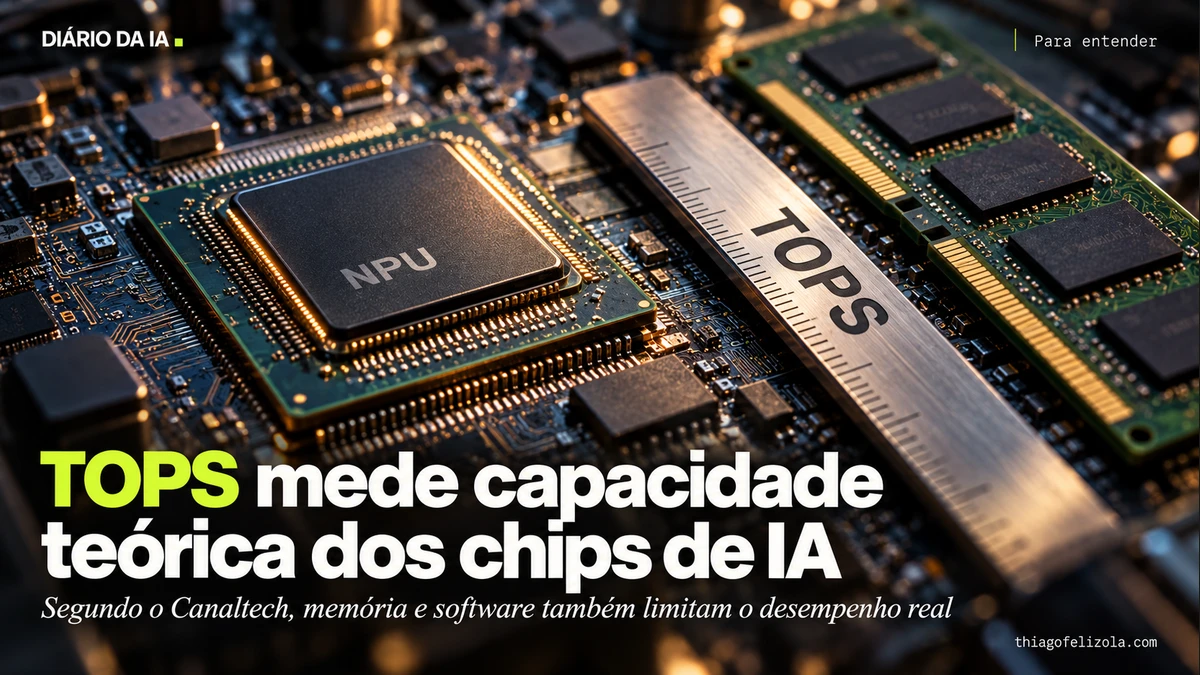 Ilustração de chip NPU ao lado de uma régua marcada TOPS e módulos de memória, representando capacidade teórica e seus limites.