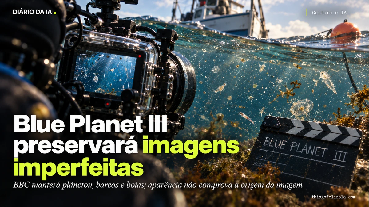 Ilustração de câmera subaquática filmando água com plâncton e partículas, com boia e barco próximos à superfície.
