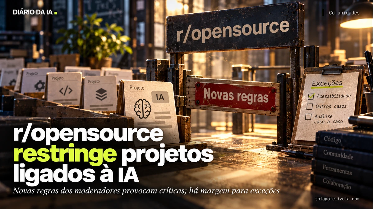 Ilustração de cartão de projeto IA diante de portão de publicação com novas regras no r/opensource e ficha de exceções ao lado.
