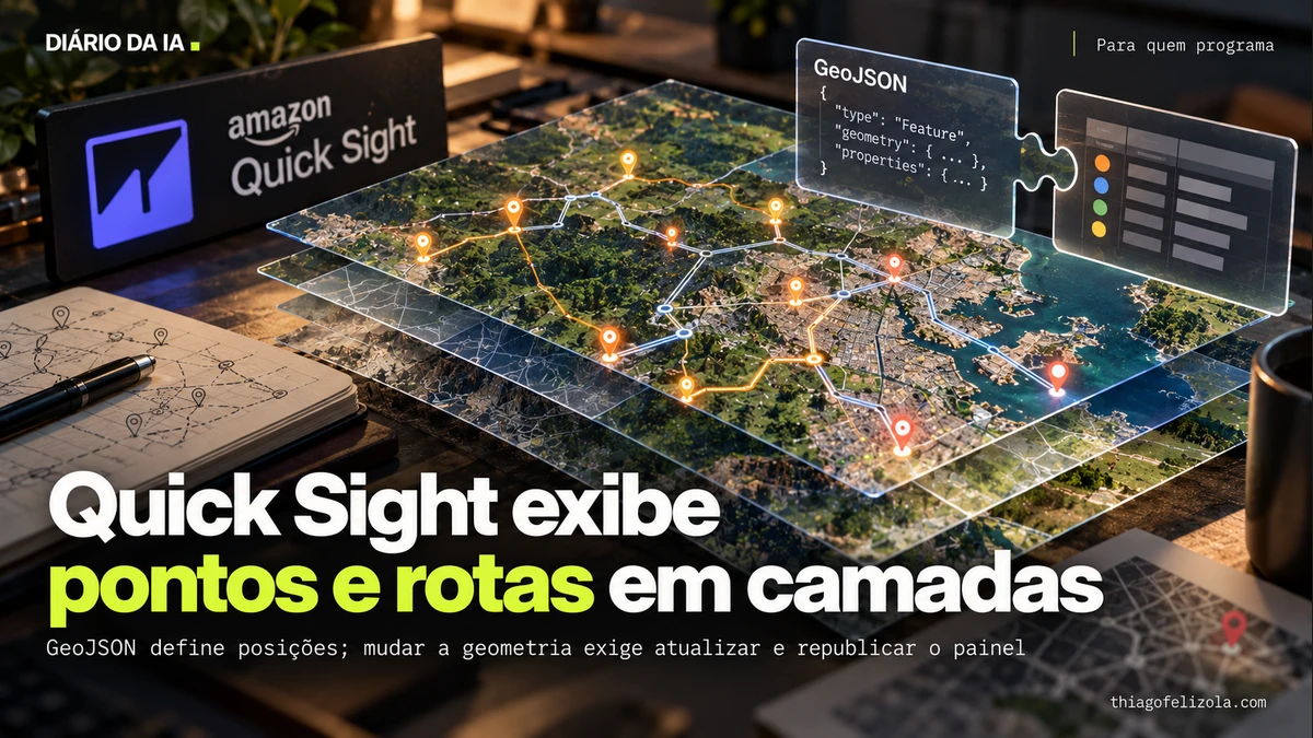 Ilustração de mapa em camadas com pontos e rotas, ligado por chave compartilhada a GeoJSON e métricas do Amazon Quick Sight.