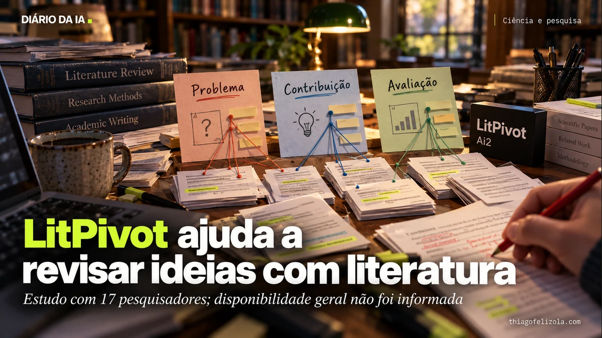 Ilustração de proposta dividida em problema, contribuição e avaliação, ligada a fichas de artigos para revisão com LitPivot.