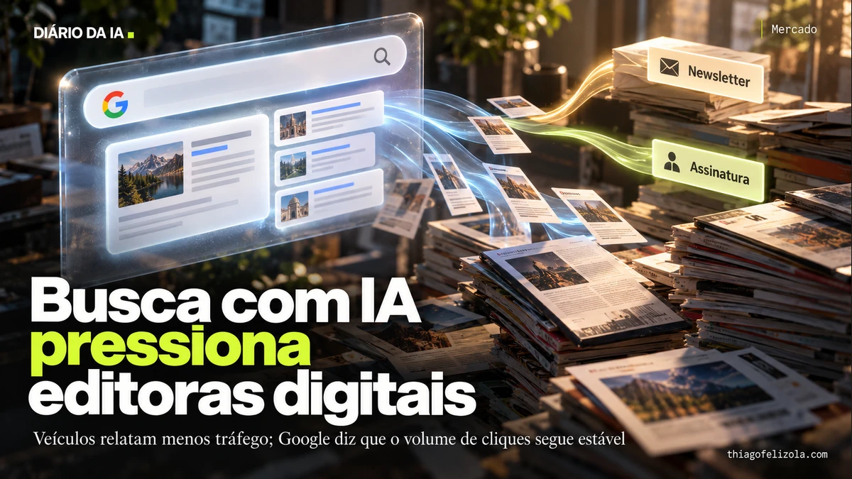 Ilustração de busca Google reunindo páginas em um resumo de IA, com trilhas de cliques para publicações e canais de audiência.