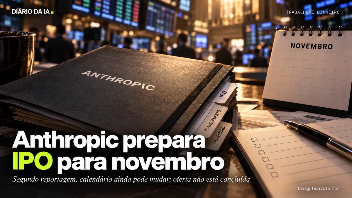 Ilustração de pasta Anthropic marcada Preparação de IPO ao lado de calendário de novembro e fichas de planejamento financeiro.