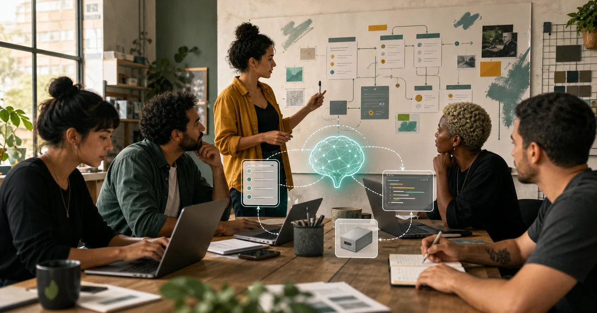 Capa editorial mostrando uma oficina de treinamento em IA com profissionais ao redor de uma mesa, laptops, quadro de fluxos e uma camada visual sutil de assistente inteligente