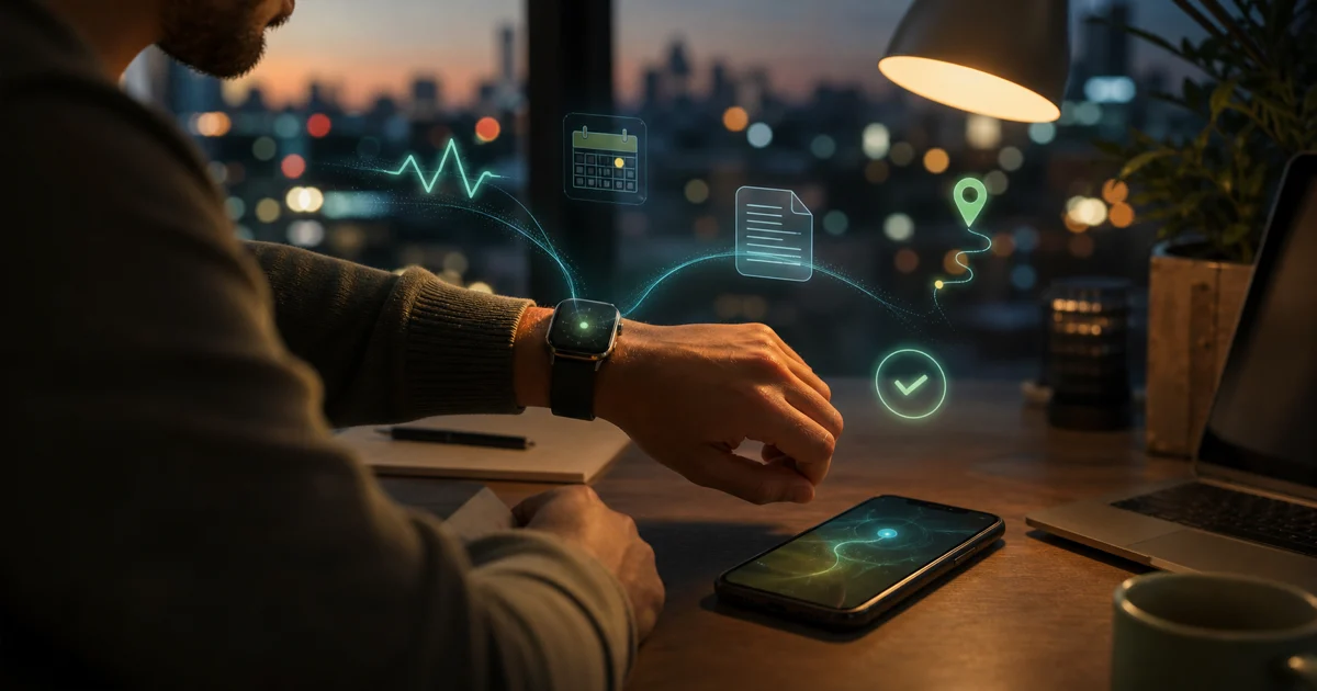 Pessoa usando smartwatch e celular enquanto sinais de IA conectam saúde, agenda, documento, rota e confirmação de ação