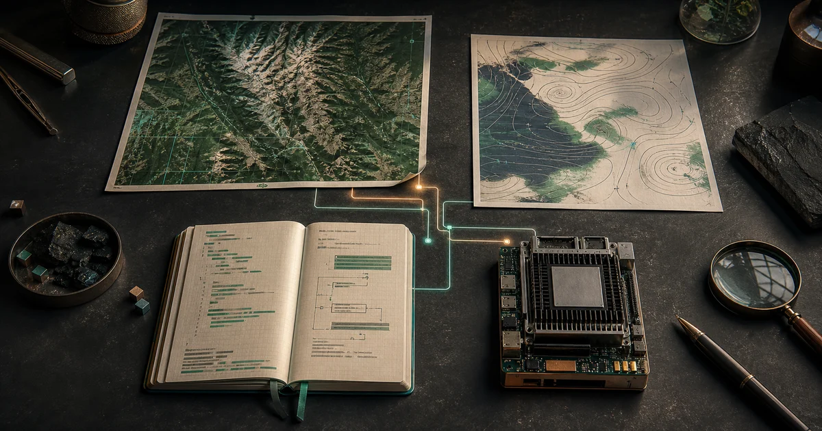 Capa editorial mostrando mapas, caderno de código científico, chip e linhas luminosas conectando domínios específicos de IA
