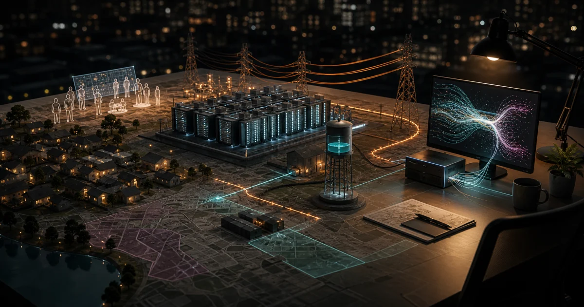 Capa editorial mostrando uma mesa de planejamento urbano com data center, rede elétrica, torre de água, bairro e uma estação local de IA conectados por luzes