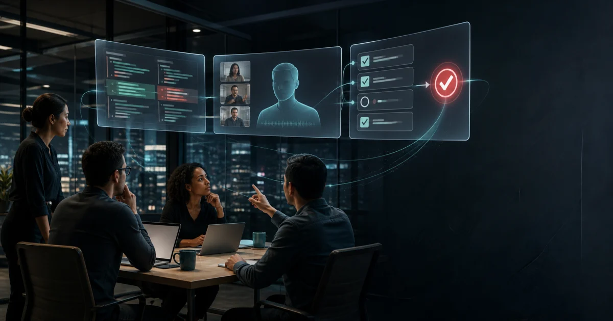 Equipe acompanhando painéis transparentes de IA com código, avatar de feedback e checklist de aprovação
