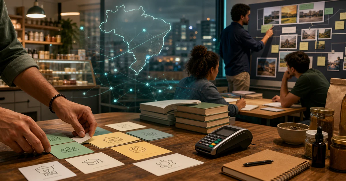 Capa editorial mostrando pequenos negócios, livros, sala de aula e mapa do Brasil conectados por uma camada de IA prática