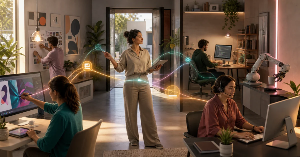 Capa editorial mostrando uma profissional coordenando várias tarefas com IA em um estúdio, com criação, suporte, código e robótica assistiva conectados por linhas luminosas
