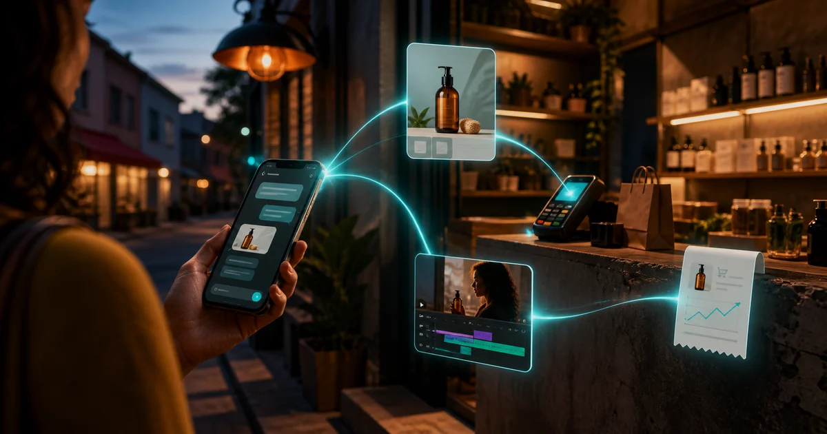 Capa editorial mostrando uma loja brasileira, um celular com conversa de IA, produto, vídeo criativo e comprovante de campanha conectados por linhas luminosas