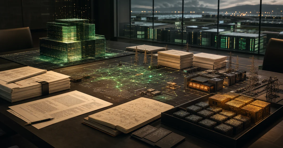 Capa editorial mostrando uma mesa de política industrial de IA com blocos de modelo, documentos públicos, mapa de energia e data centers ao fundo
