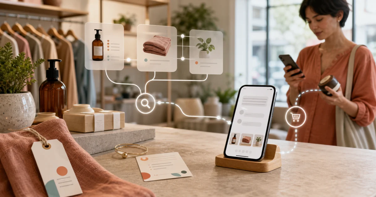 Capa editorial mostrando uma vitrine de pequeno negócio com produtos, celular, cartões de catálogo e caminhos de recomendação de IA antes da compra