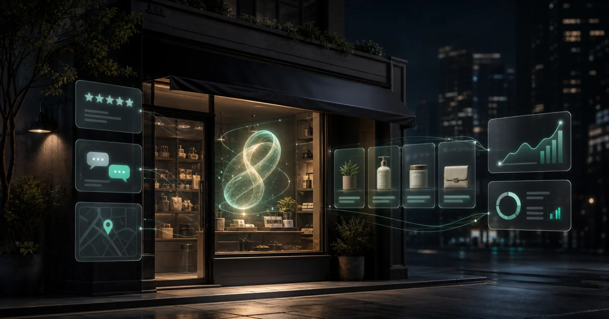Capa editorial mostrando uma vitrine de pequeno negócio conectada a painéis de IA com reviews, mapa, mensagens, produtos e métricas de venda