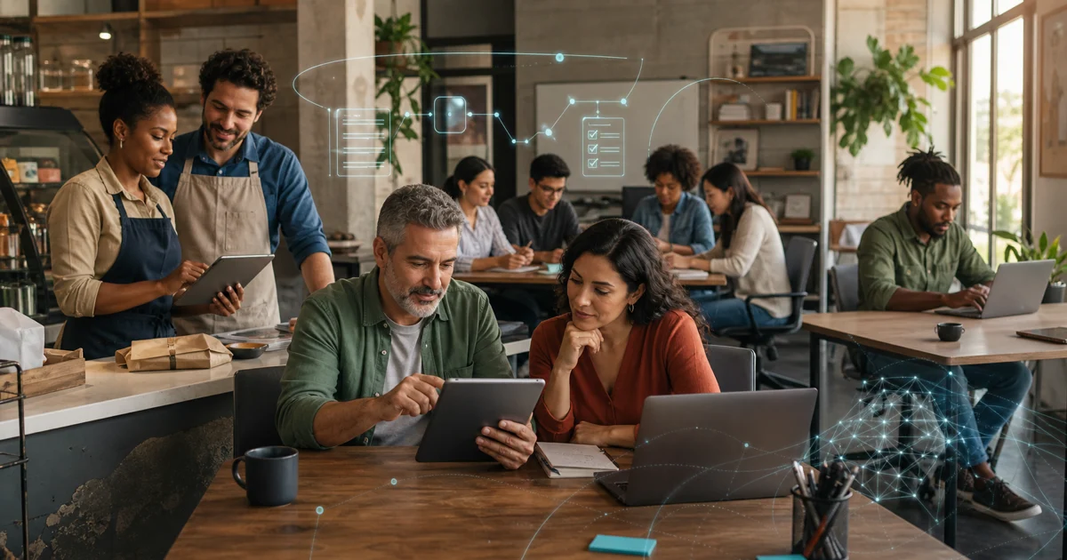 Pessoas em uma rotina de trabalho e aprendizado usando IA com checklists, tablets e computadores em uma pequena empresa