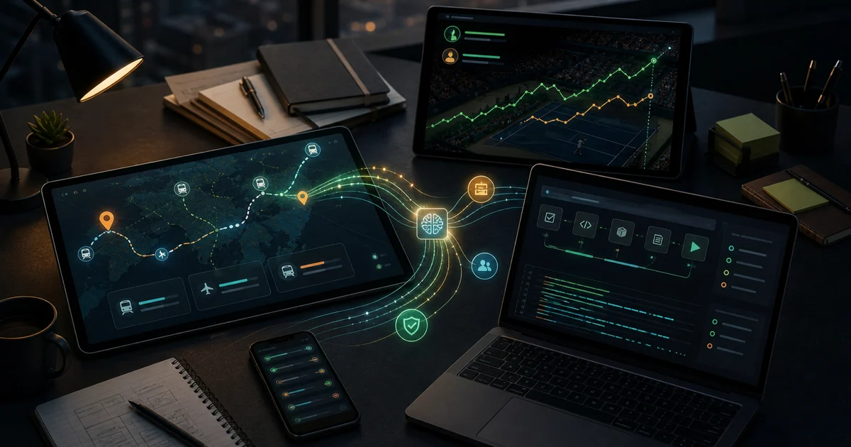 Capa editorial mostrando telas de viagem, esporte ao vivo e desenvolvimento de software conectadas por uma IA que lê dados em tempo real