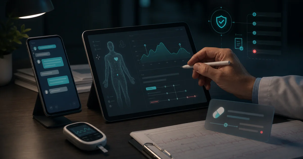 Capa editorial mostrando um prontuário digital, monitor de glicose, celular de acompanhamento e mão médica revisando limites de segurança para IA clínica