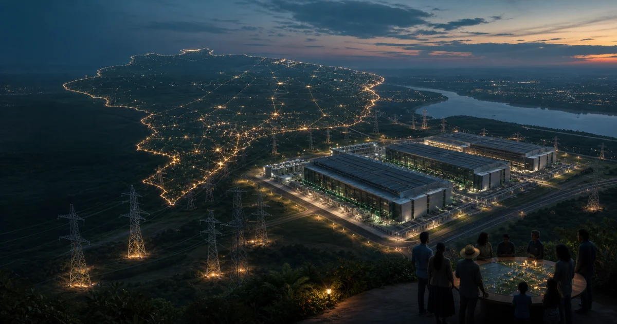 Data center de IA conectado a rede elétrica e a um mapa luminoso do Brasil