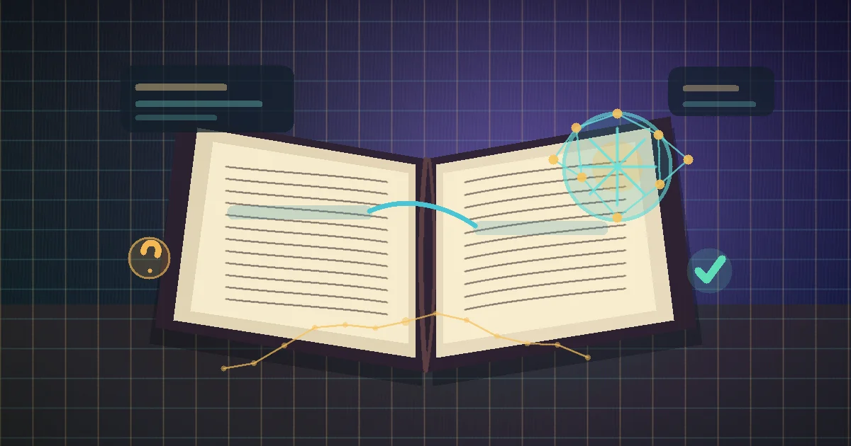 Livro aberto conectado a uma interface de IA que explica ideias sem apagar o caminho original da leitura